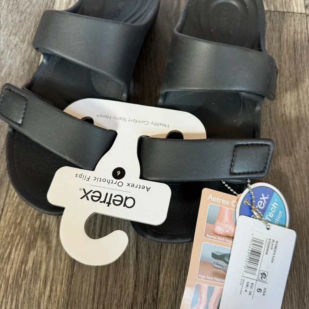 Aetrex Kaia Orthotic Slides Women Size 6 Black Adjustable Strap Sandals NEW